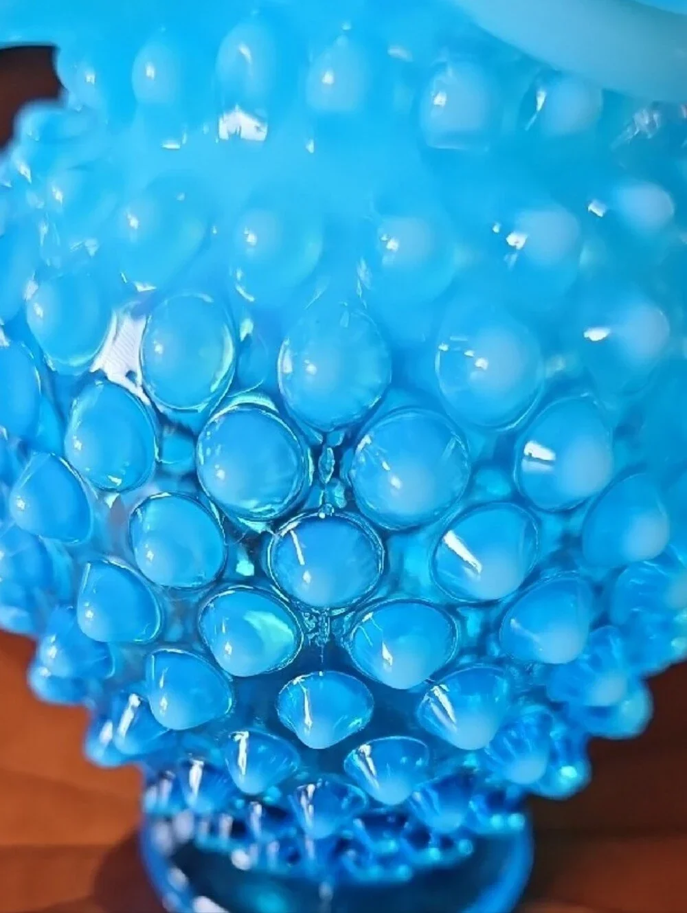 Vintage Fenton Blue Opalescent Hobnail Crimped Ruffled Glass  Miniature Vase